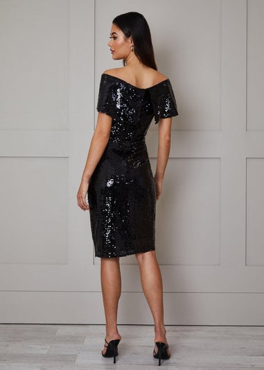 Chi Chi London Black Bardot Sequin Bodycon Midi Dress