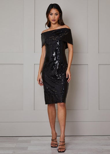 Chi Chi London Black Bardot Sequin Bodycon Midi Dress