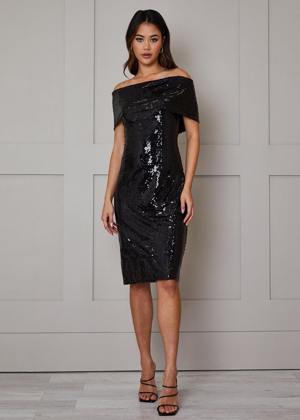 Chi Chi London Black Bardot Sequin Bodycon Midi Dress