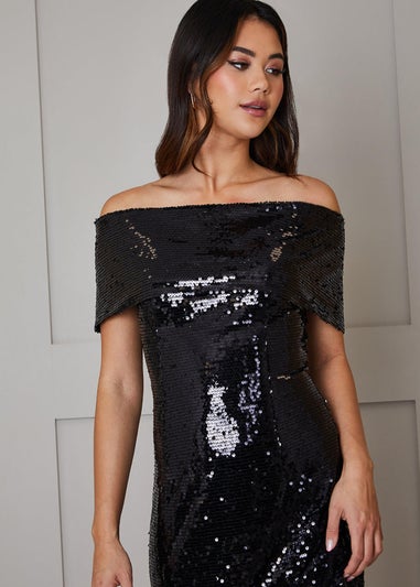 Chi Chi London Black Bardot Sequin Bodycon Midi Dress