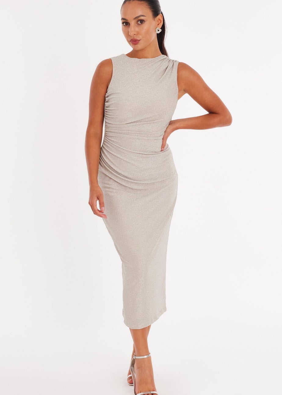 Quiz Cream Petite Diamante Midaxi Dress