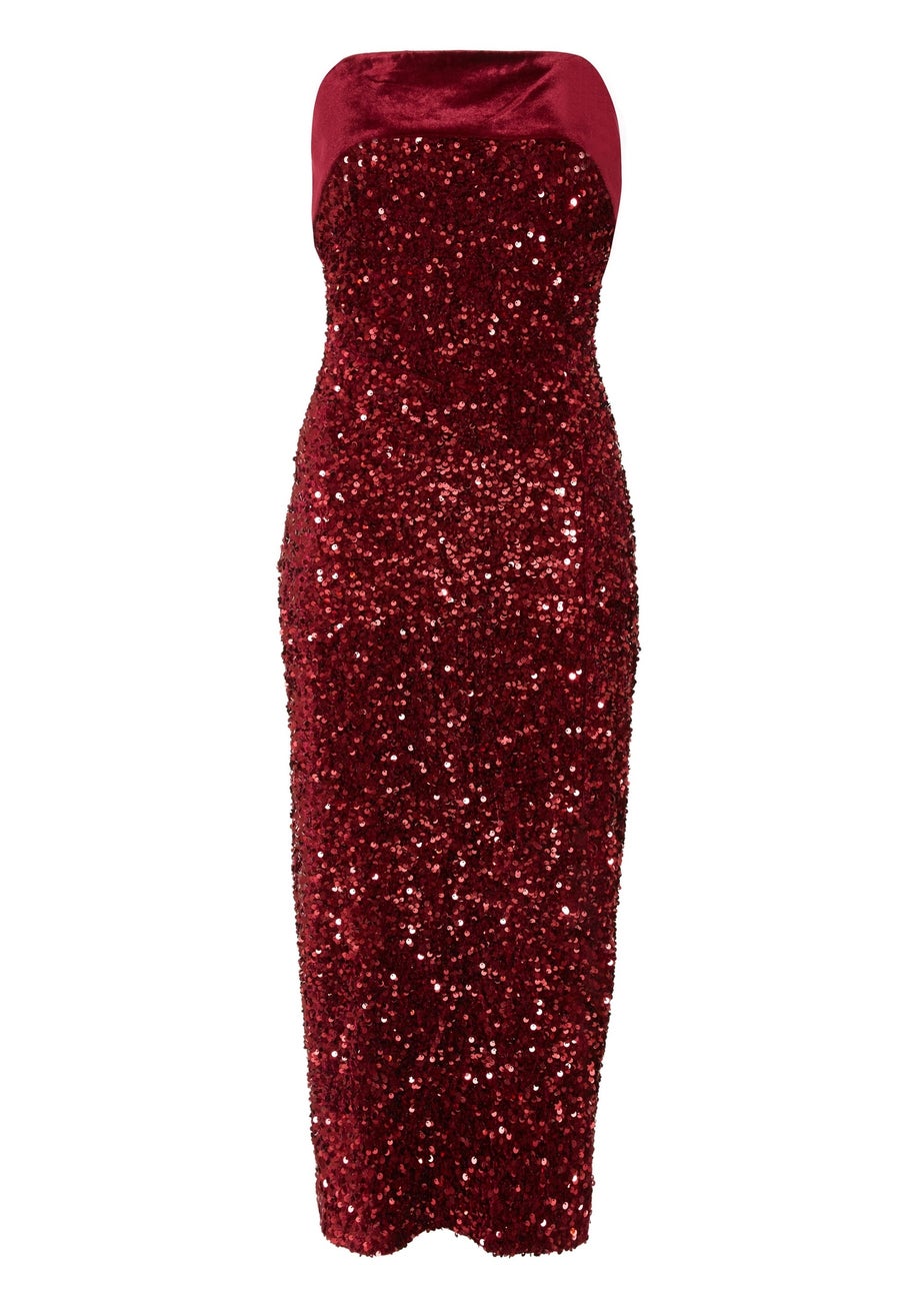 Quiz Burgundy Petite Strapless Sequin Midaxi Dress
