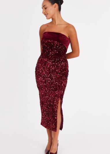 Quiz Burgundy Petite Strapless Sequin Midaxi Dress