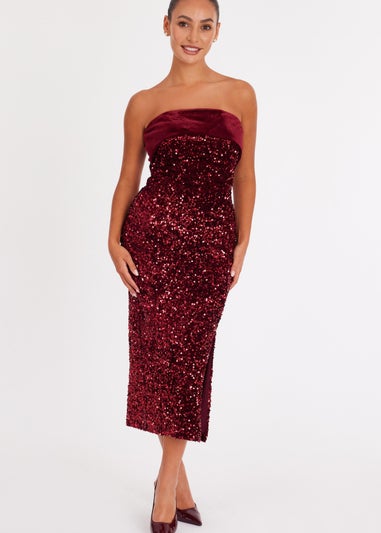 Quiz Burgundy Petite Strapless Sequin Midaxi Dress