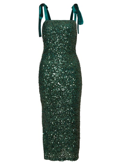 Quiz Green Petite Sequin Bow Detail Midaxi Dress