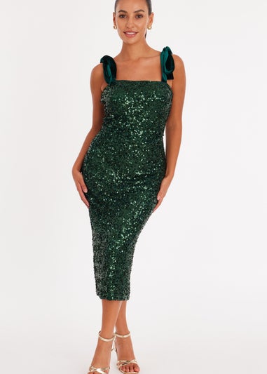 Quiz Green Petite Sequin Bow Detail Midaxi Dress