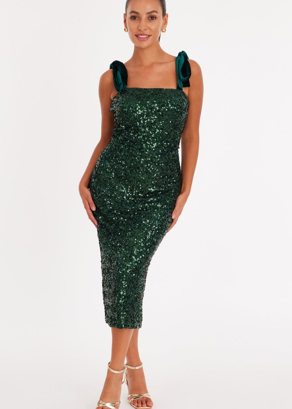 Quiz Green Petite Sequin Bow Detail Midaxi Dress