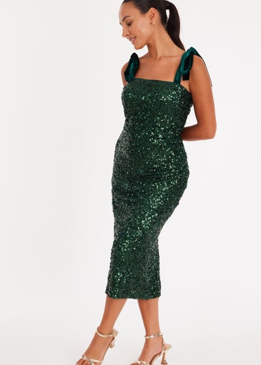 Quiz Green Petite Sequin Bow Detail Midaxi Dress