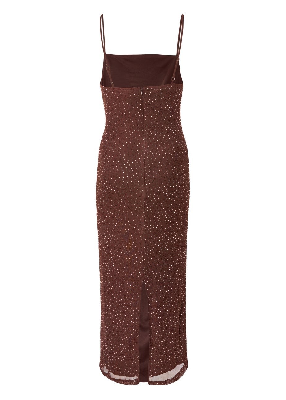 Quiz Brown Diamante Mesh Midaxi Dress