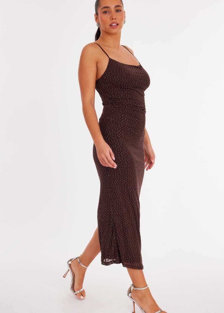 Quiz Brown Diamante Mesh Midaxi Dress