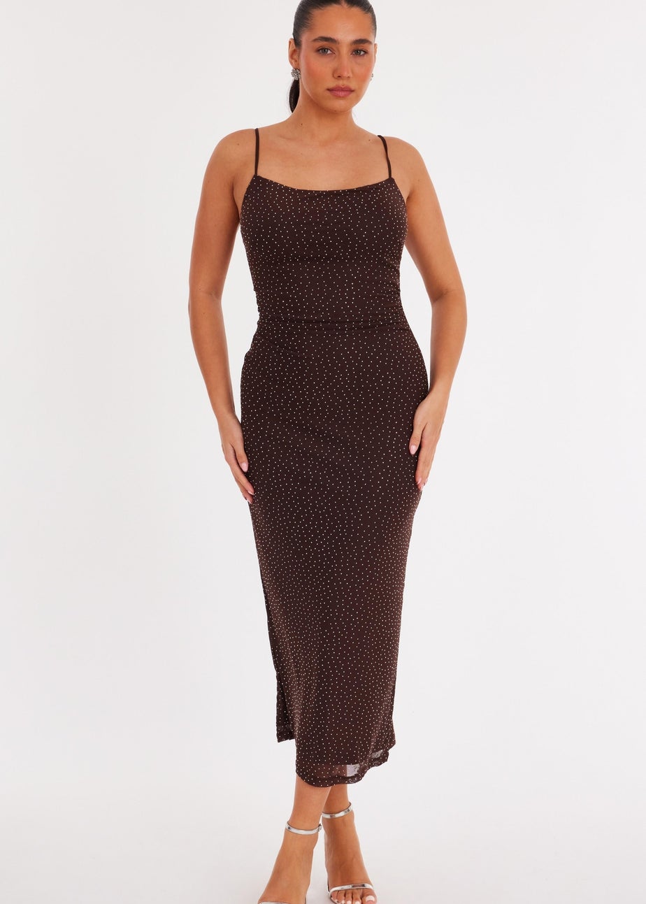 Quiz Brown Diamante Mesh Midaxi Dress