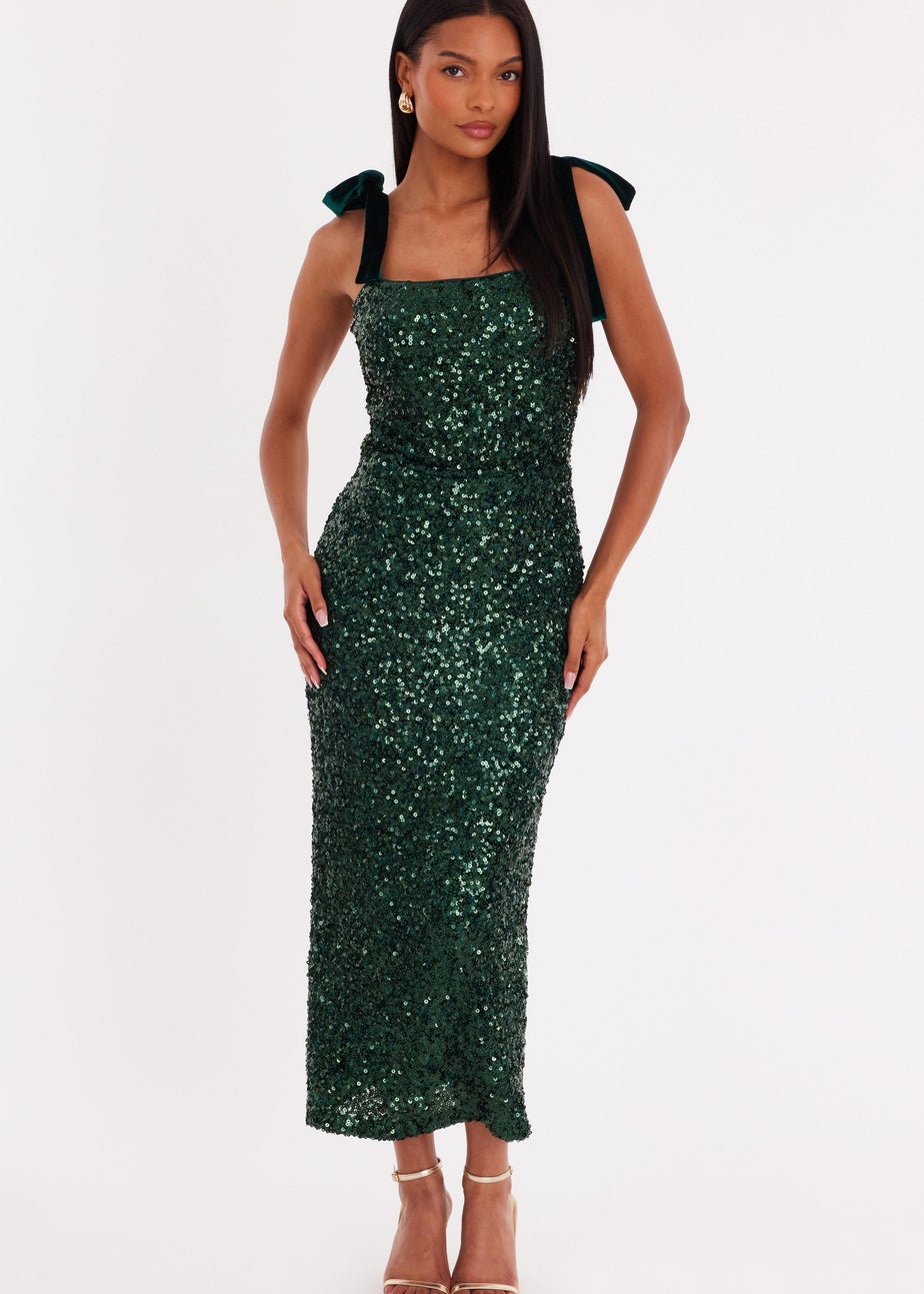 Quiz Green Sequin Bow Detail Midaxi Dress