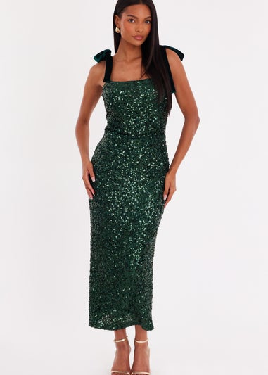 Quiz Green Sequin Bow Detail Midaxi Dress