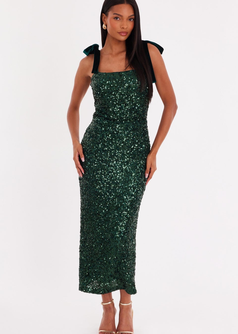 Quiz Green Sequin Bow Detail Midaxi Dress