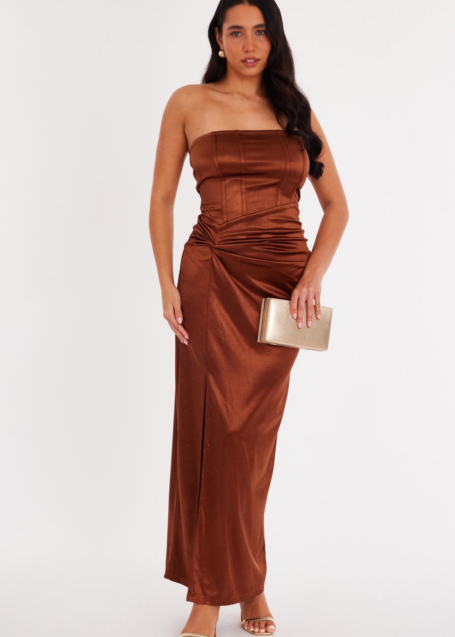 Quiz Brown Satin Corset Midaxi Dress