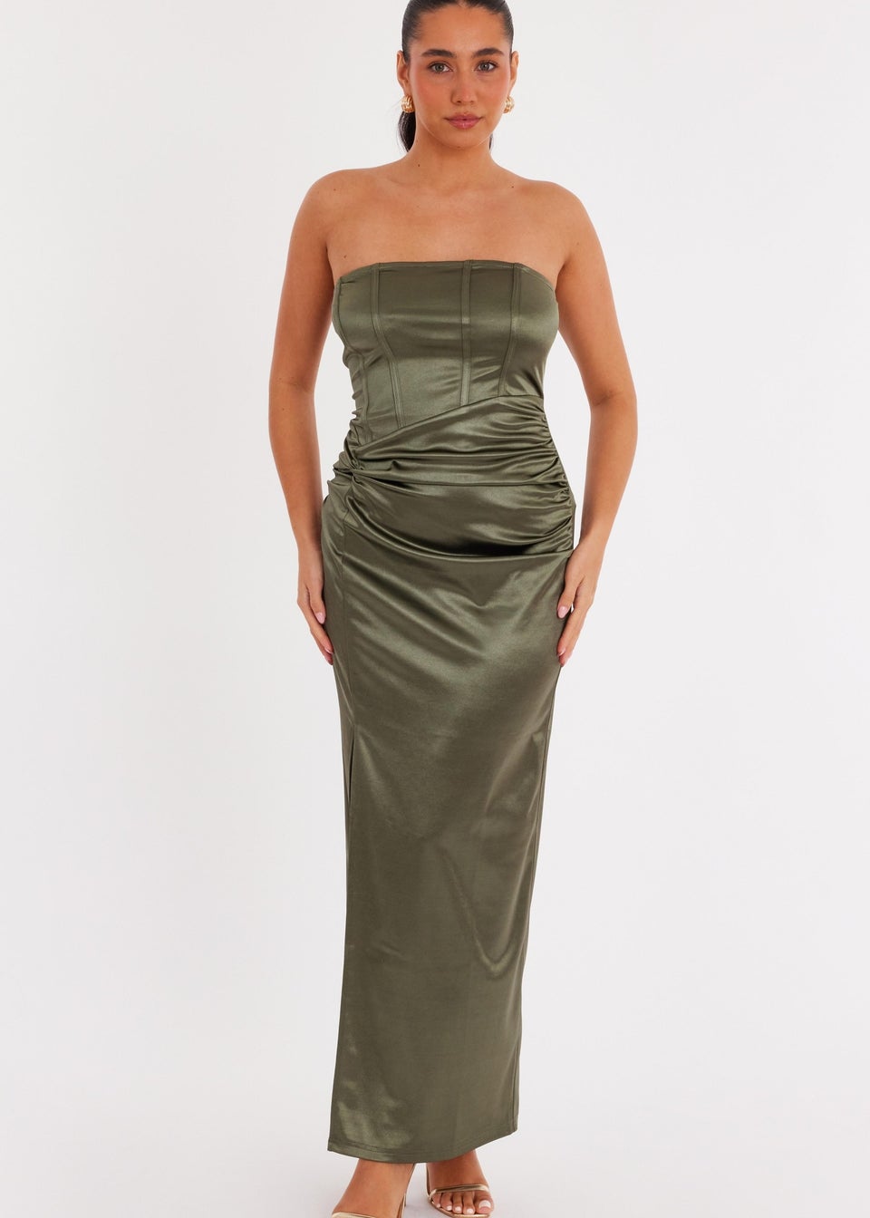 Quiz Green Satin Corset Midaxi Dress