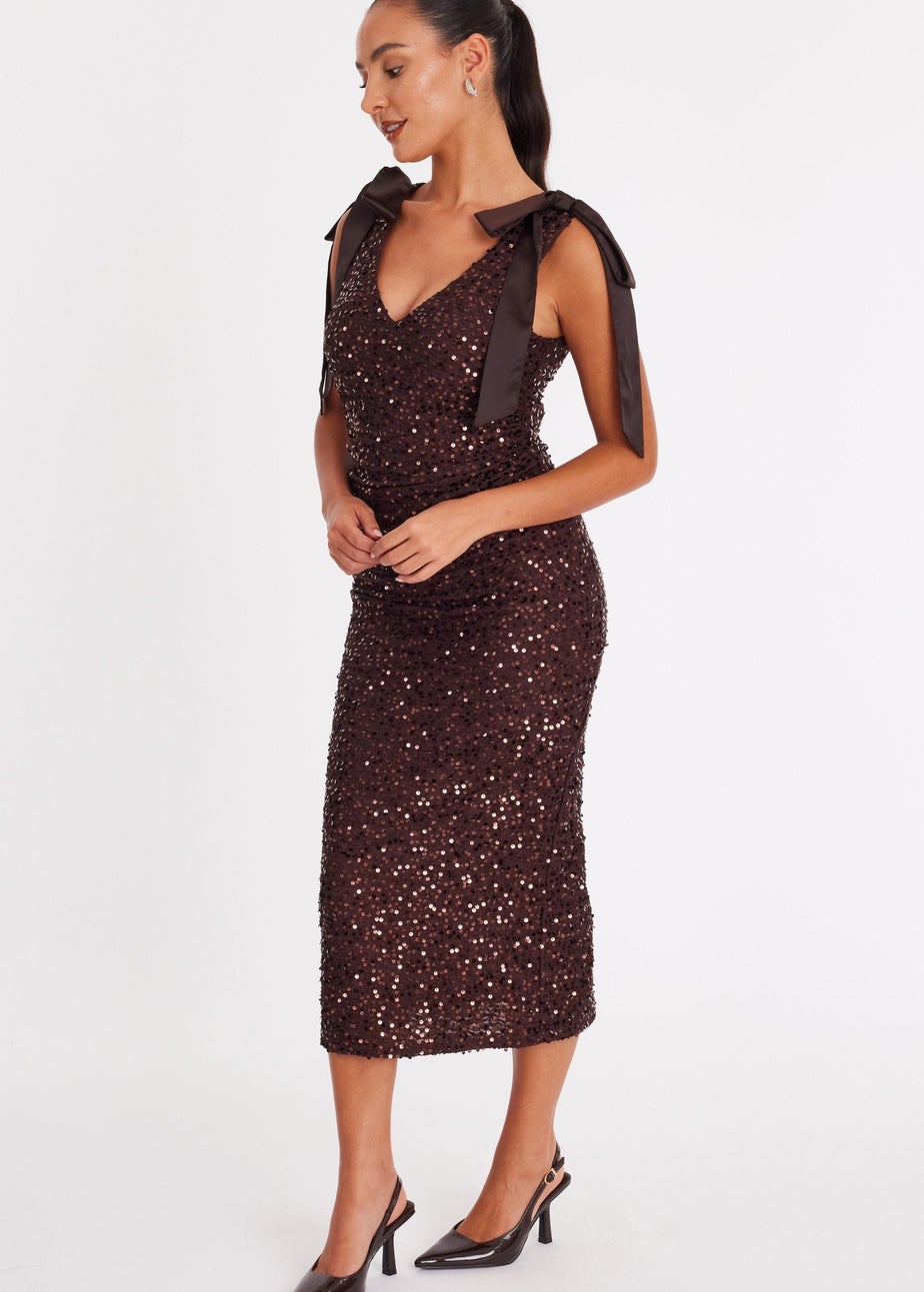 Quiz Brown Petite Sequin Bow Detail Midaxi Dress