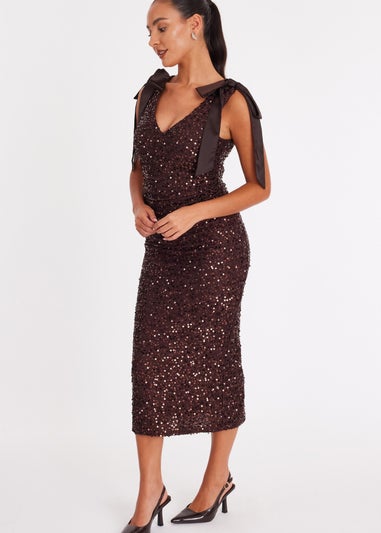Quiz Brown Petite Sequin Bow Detail Midaxi Dress