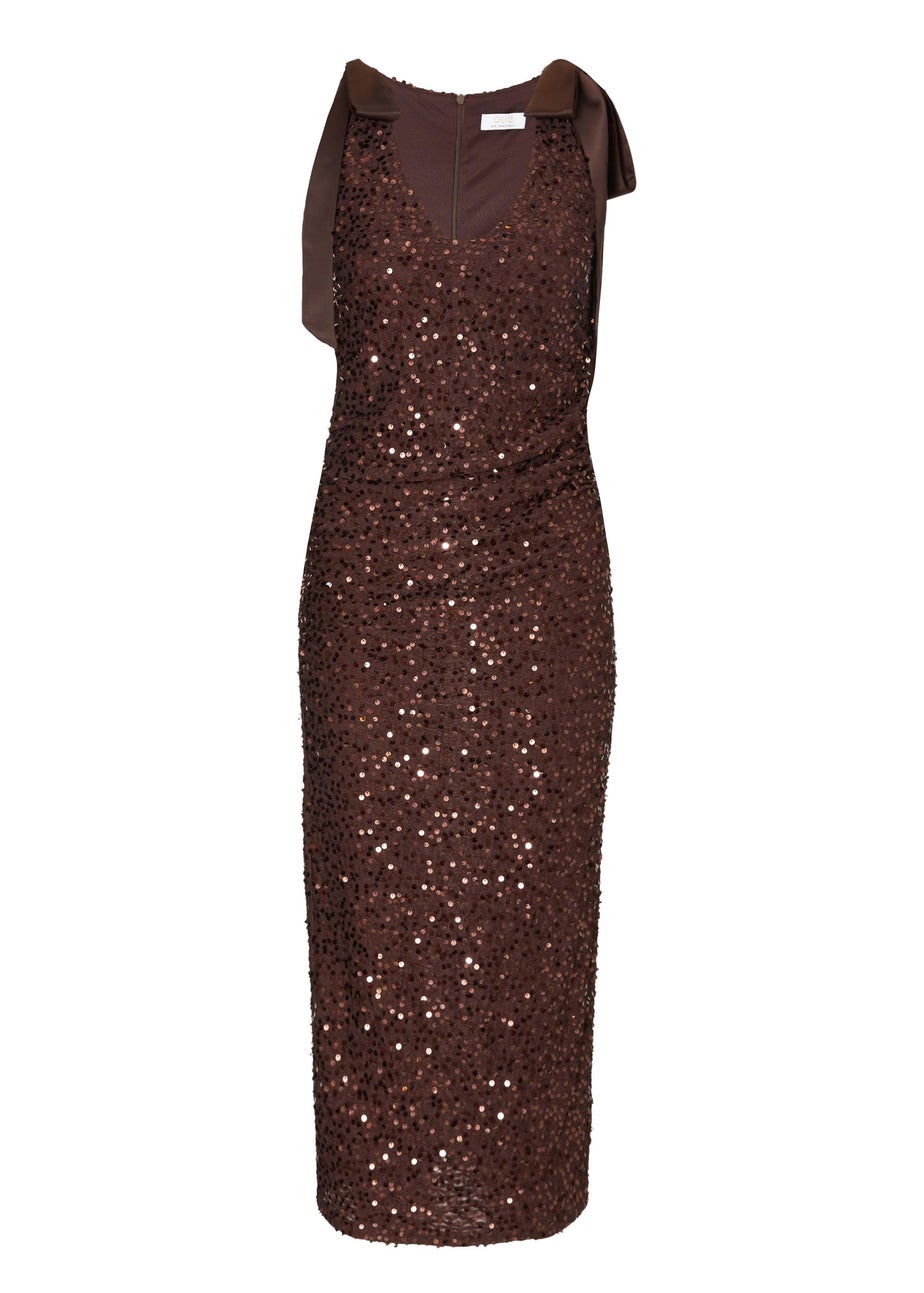 Quiz Brown Petite Sequin Bow Detail Midaxi Dress