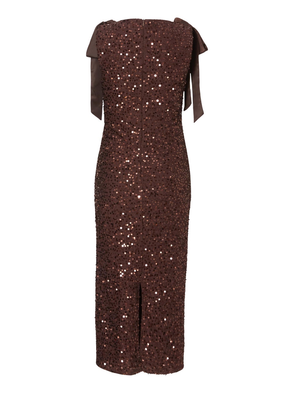 Quiz Brown Petite Sequin Bow Detail Midaxi Dress