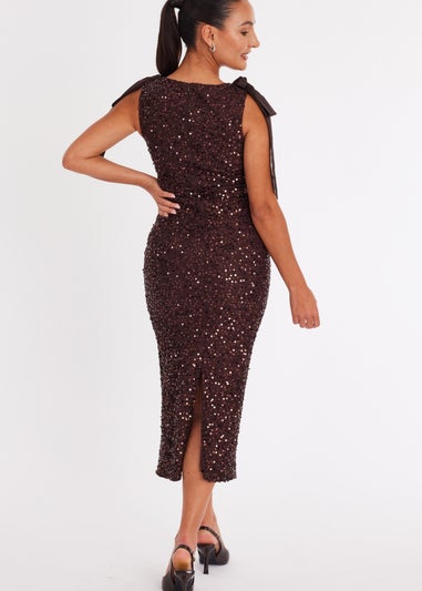 Quiz Brown Petite Sequin Bow Detail Midaxi Dress