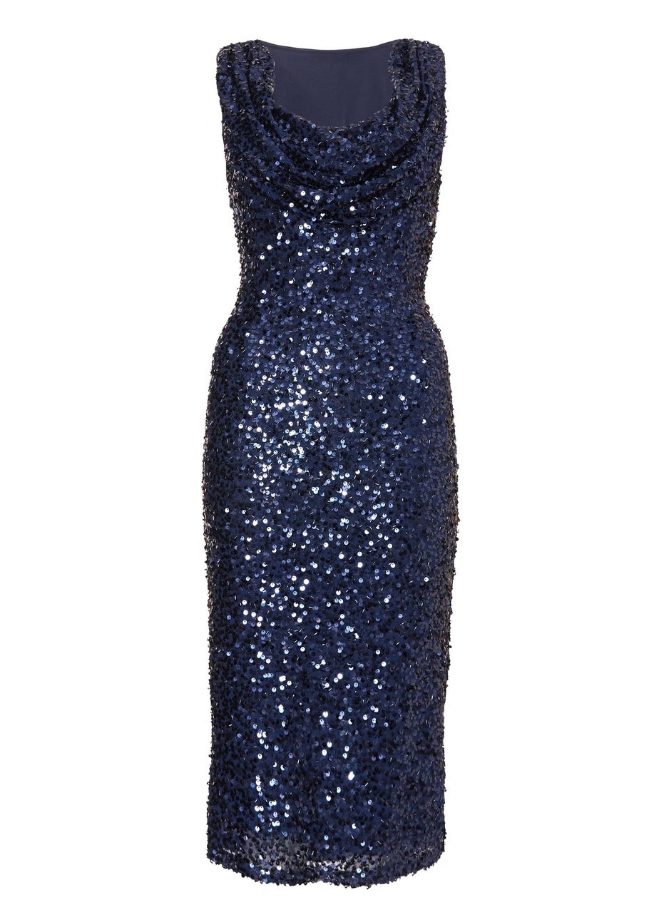 Quiz Navy Sequin Cowl Neck Midi Dress