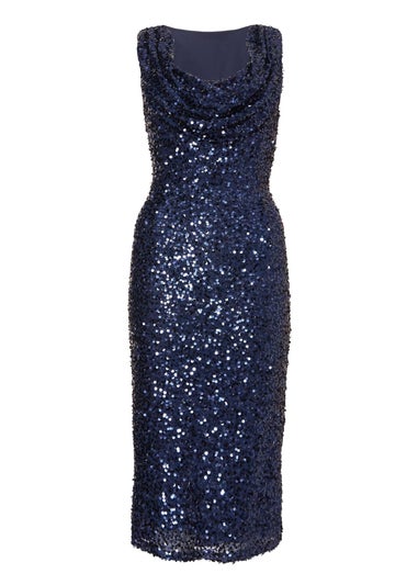 Quiz Navy Sequin Cowl Neck Midi Dress