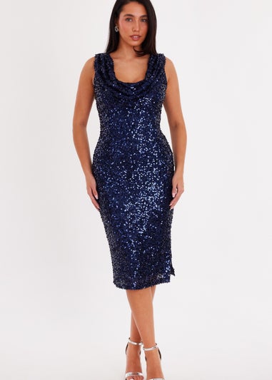 Quiz Navy Sequin Cowl Neck Midi Dress