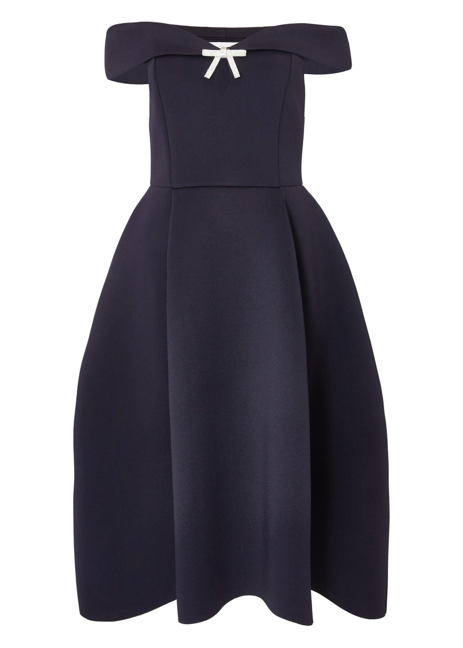 Quiz Navy Bardot Diamante Bow Midi Dress