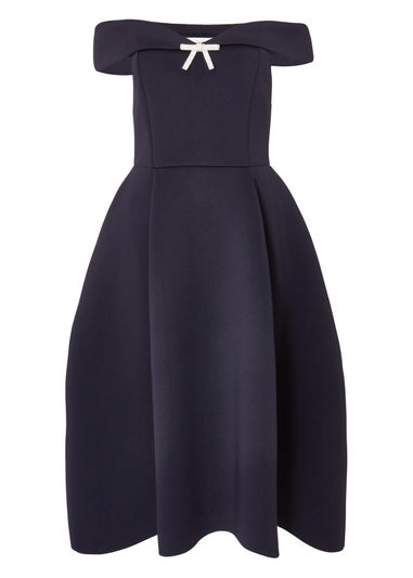 Quiz Navy Bardot Diamante Bow Midi Dress