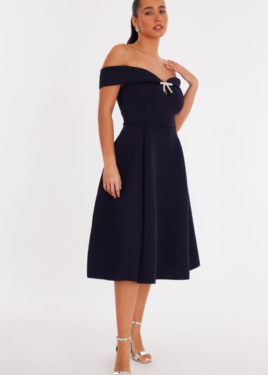 Quiz Navy Bardot Diamante Bow Midi Dress