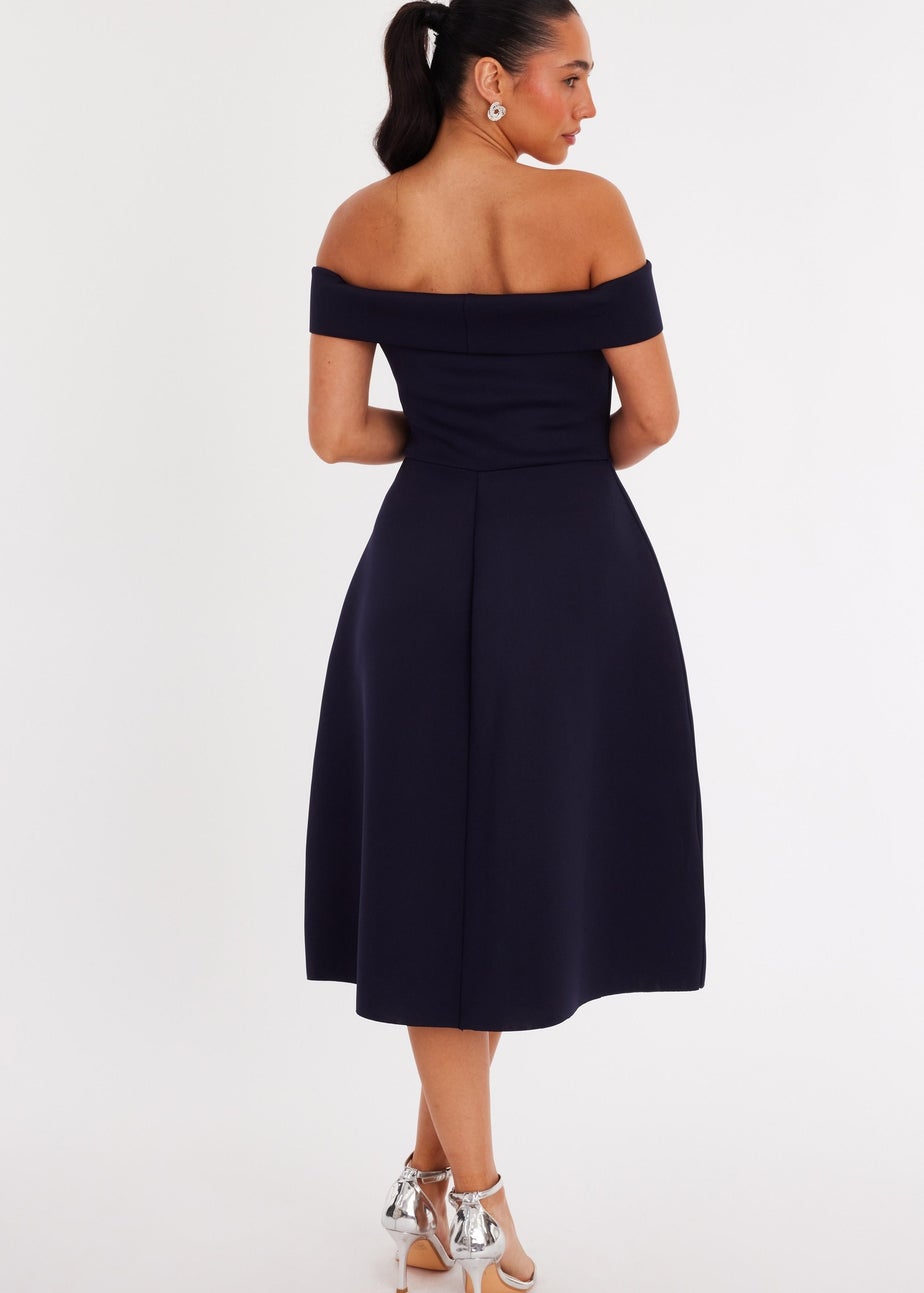Quiz Navy Bardot Diamante Bow Midi Dress