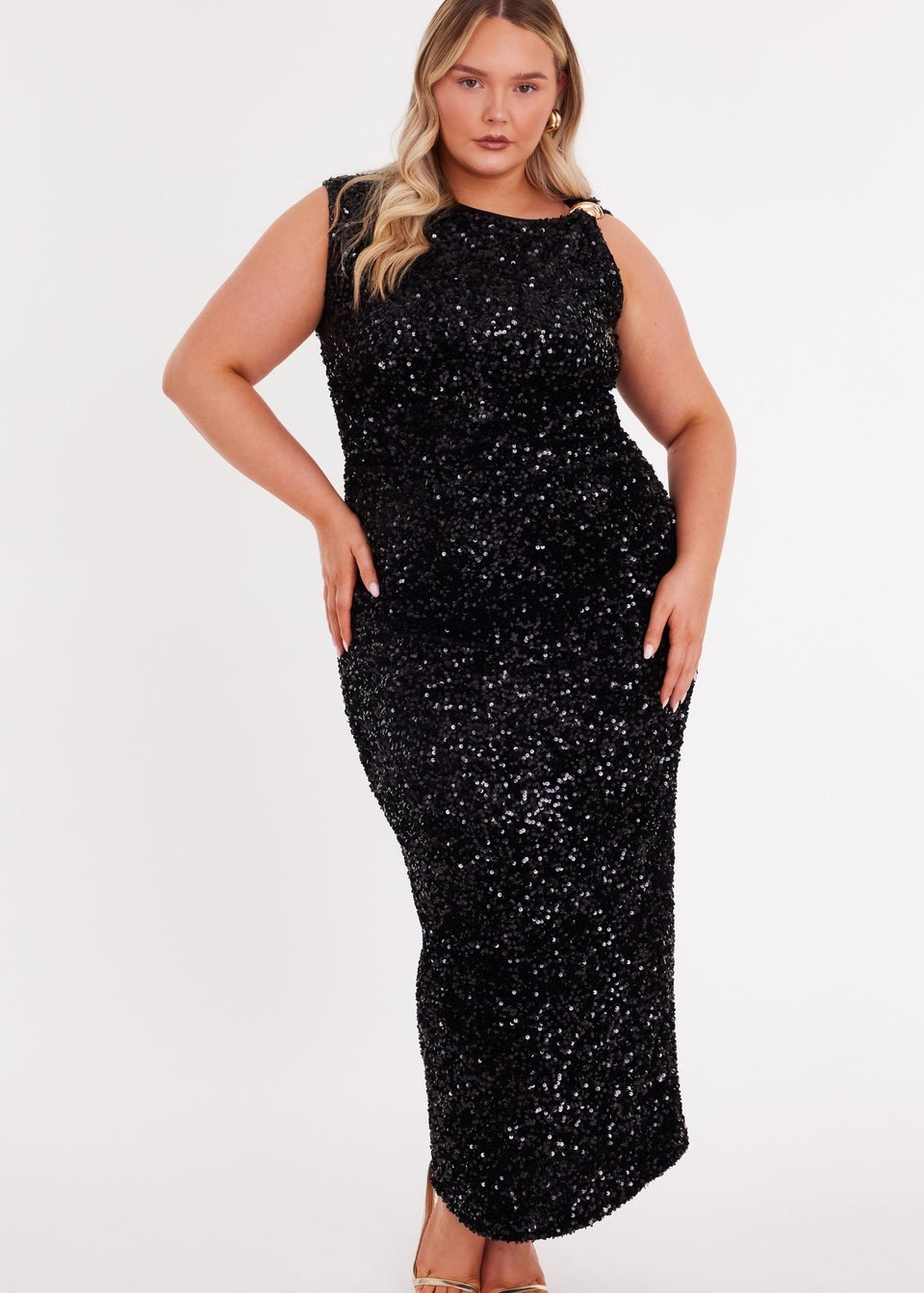 Quiz Black Curve Sequin Buckle Detail Midaxi Dress