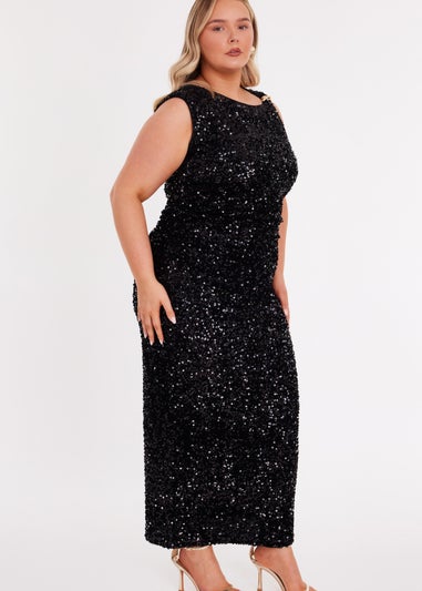 Quiz Black Curve Sequin Buckle Detail Midaxi Dress
