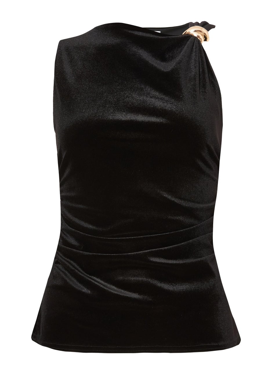 Quiz Black Velvet Buckle Shoulder Top