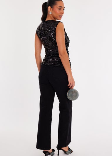 Quiz Black Sequin Round Neck Top