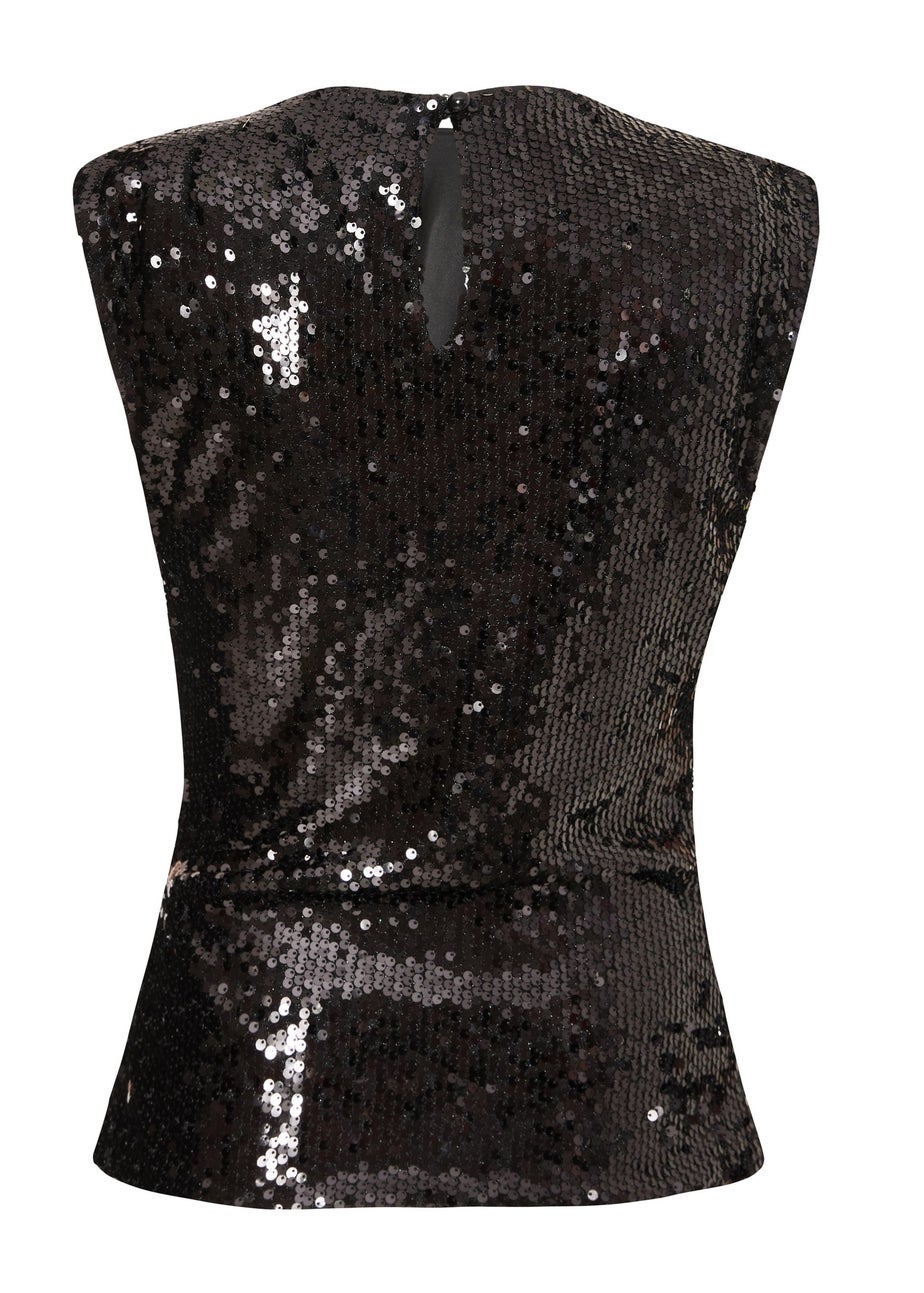 Quiz Black Sequin Round Neck Top