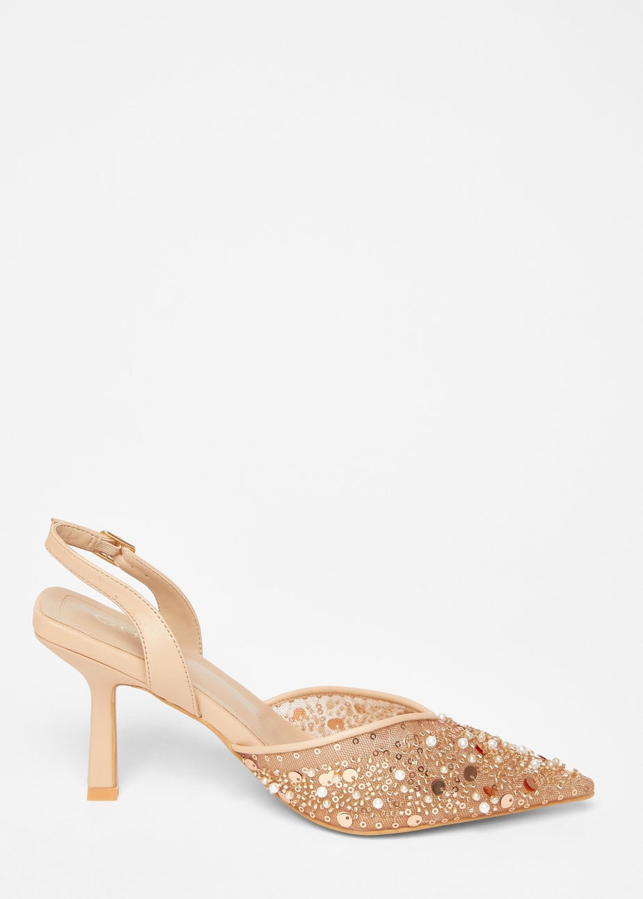 Quiz Natural Sequin Slingback Court Heels