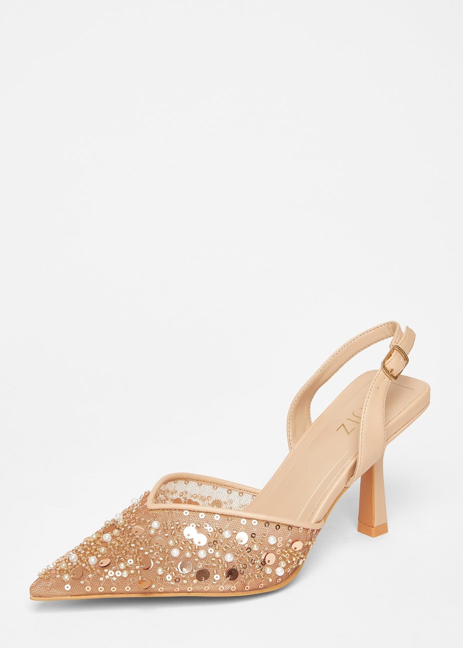 Quiz Natural Sequin Slingback Court Heels