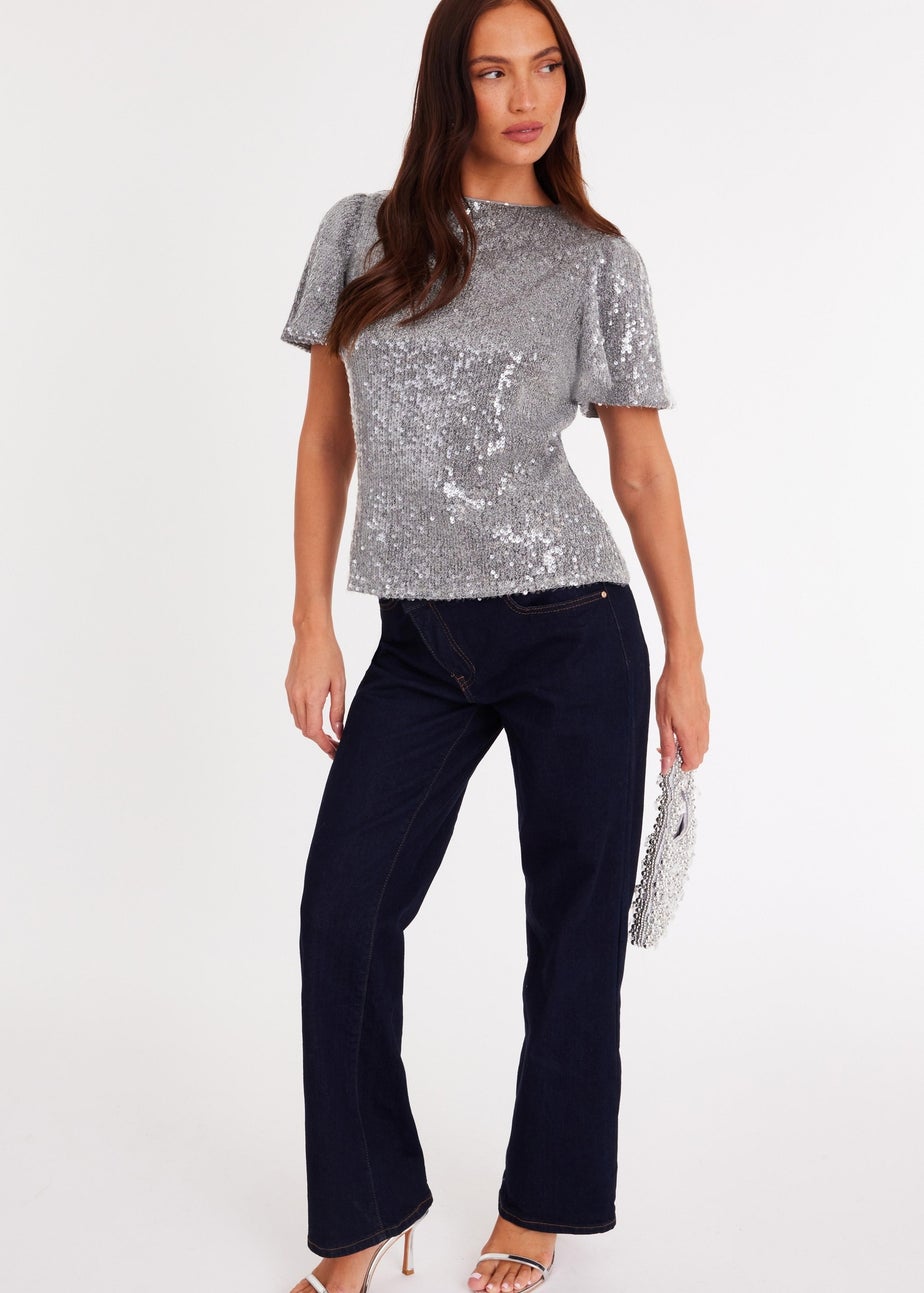 Quiz Silver Sequin Embellished Top