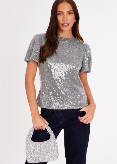 Quiz Silver Sequin Embellished Top
