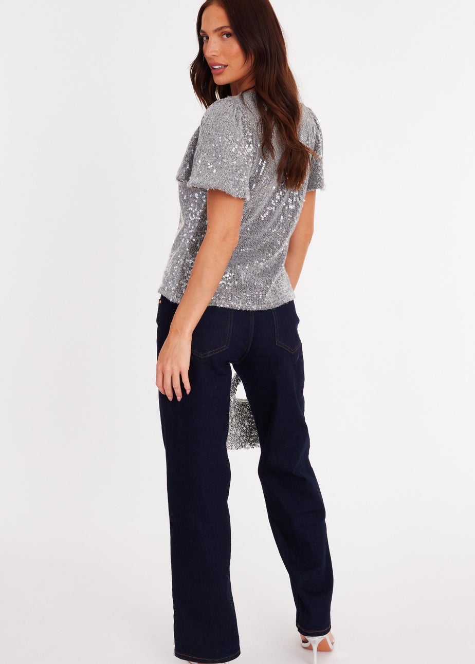 Quiz Silver Sequin Embellished Top