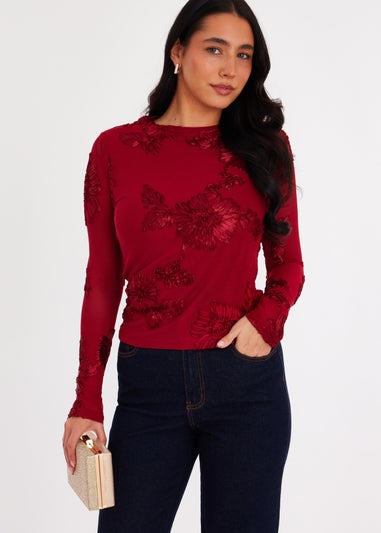Quiz Burgundy Floral Applique Crop Top