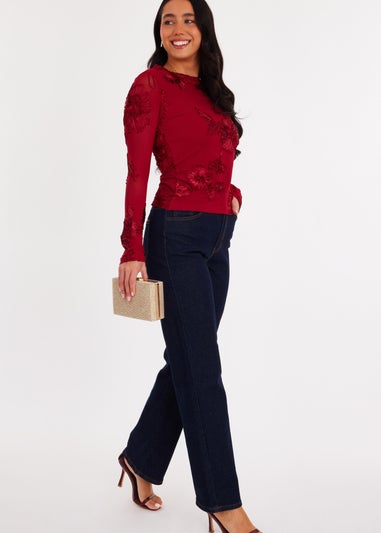 Quiz Burgundy Floral Applique Crop Top