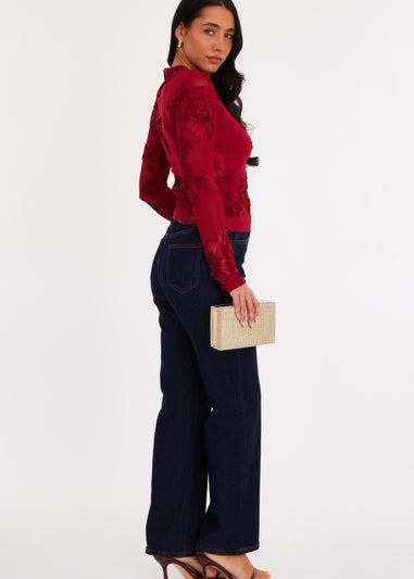 Quiz Burgundy Floral Applique Crop Top