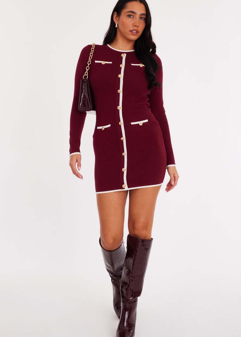 Quiz Burgundy Contrast Knit Mini Dress