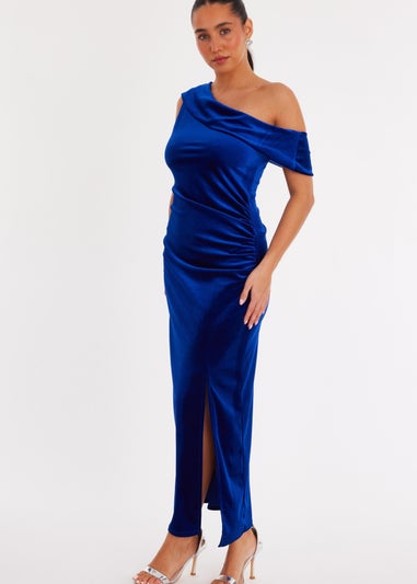 Quiz Blue Velvet One Shoulder Midaxi Dress