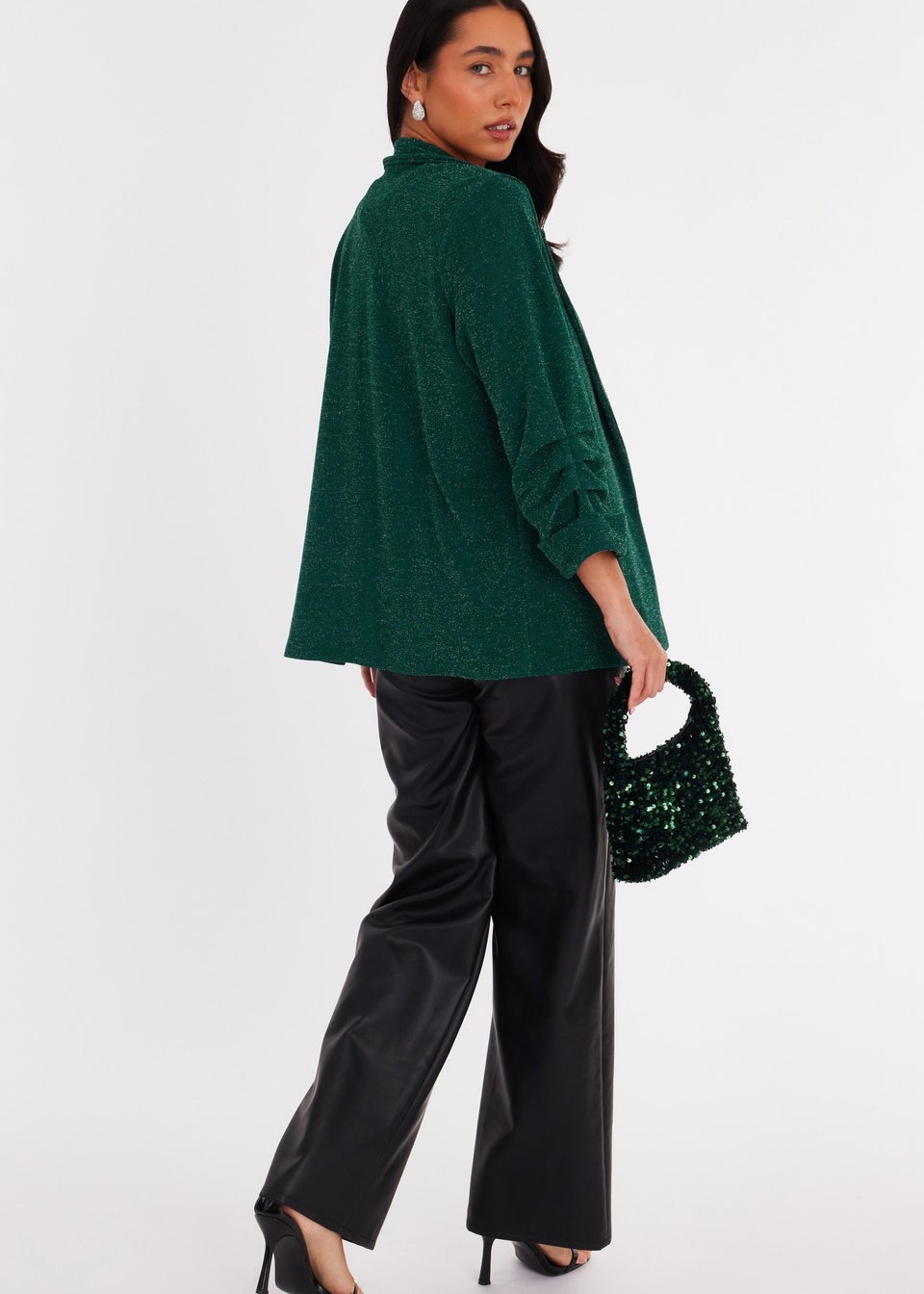 Quiz Green Glitter Ruched Sleeve Blazer