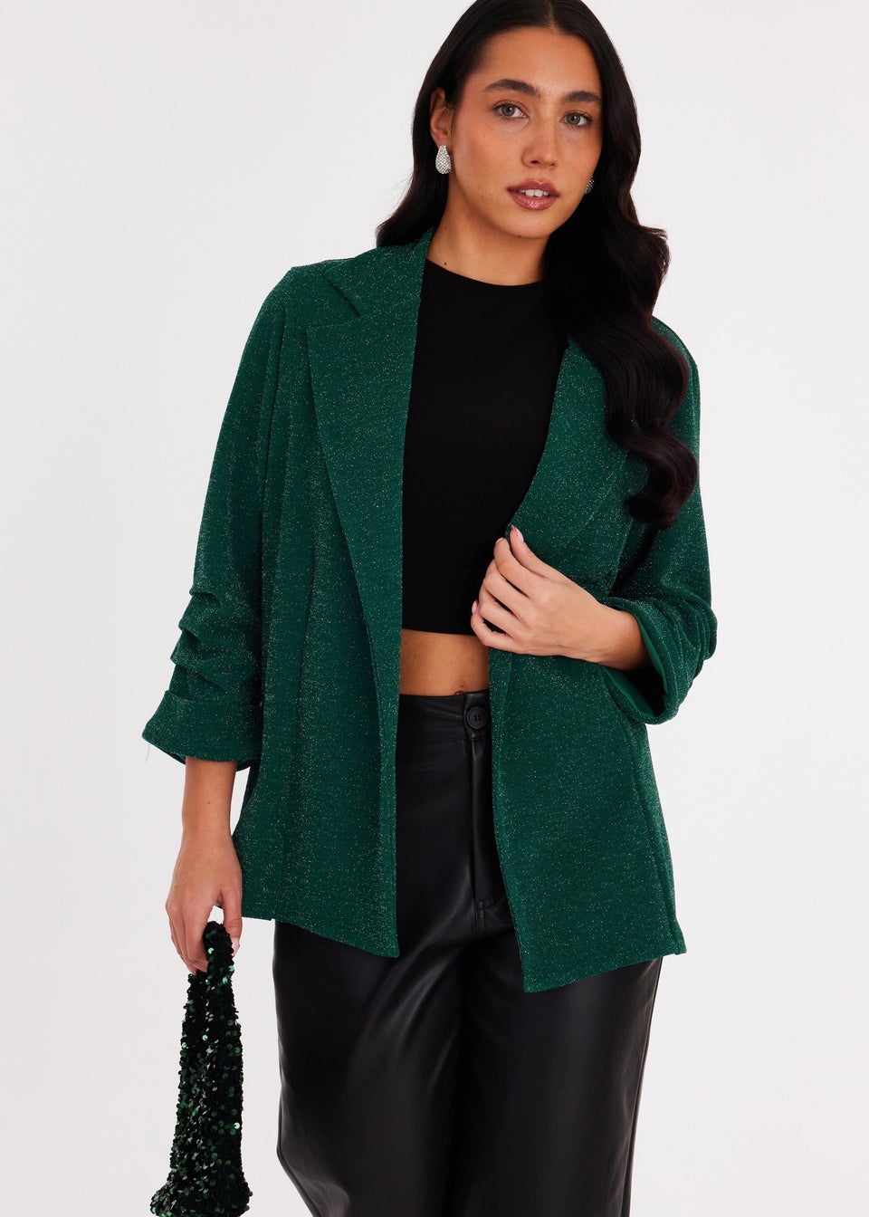 Quiz Green Glitter Ruched Sleeve Blazer