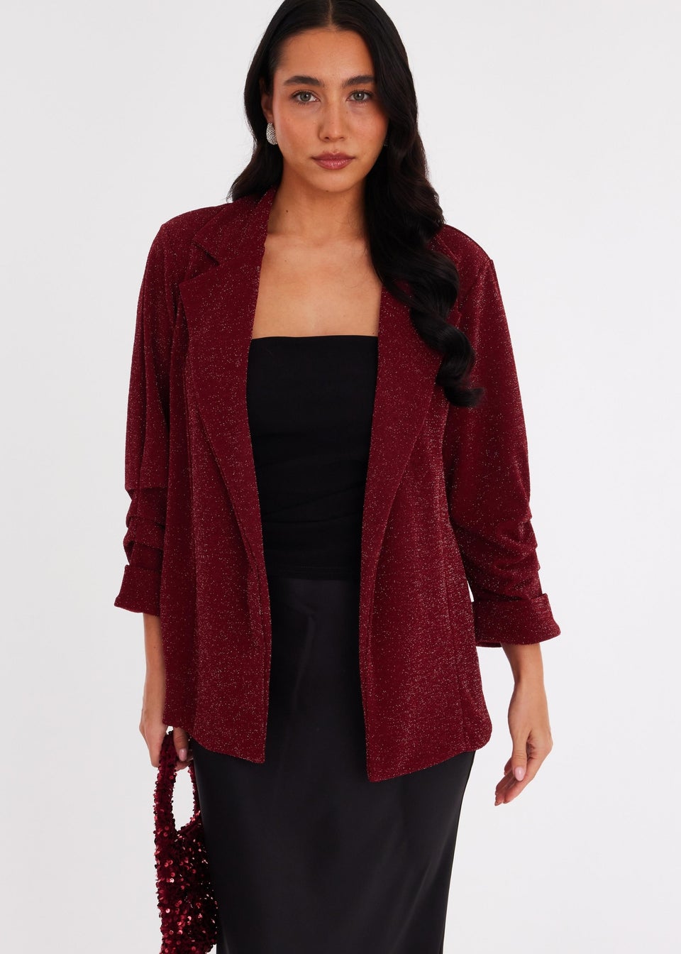 Quiz Burgundy Glitter Ruched Sleeve Blazer